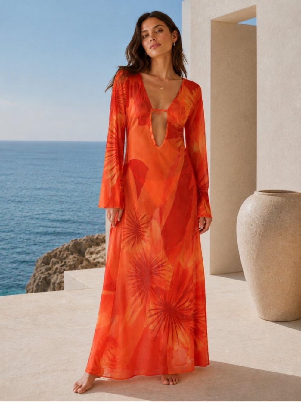NWT Caroline Constas Orange Red Sheer Dress Coverup Small